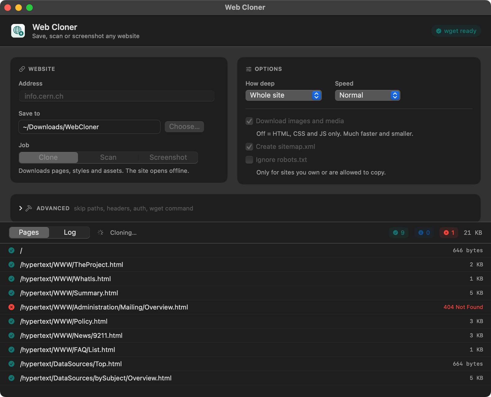 Web Cloner cloning a site, with the page list filling in and one 404 marked in red